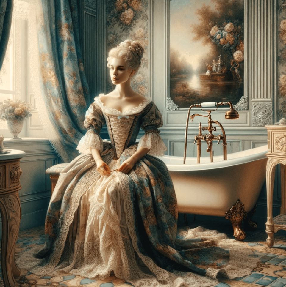 Woman in period dress sitting in a bathroom