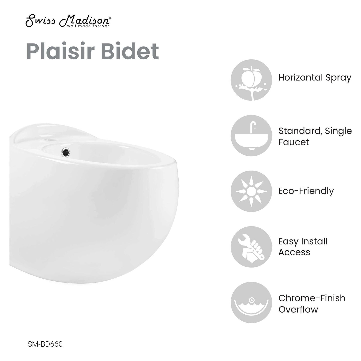Plaisir Wall Hung Bidet - side angled view with features listed