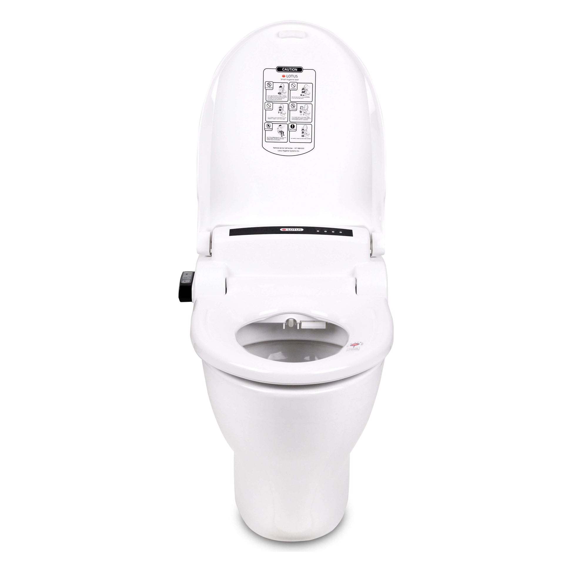 Lotus Bidet Seat ATS-1000 - front view with lid open attached to a toilet