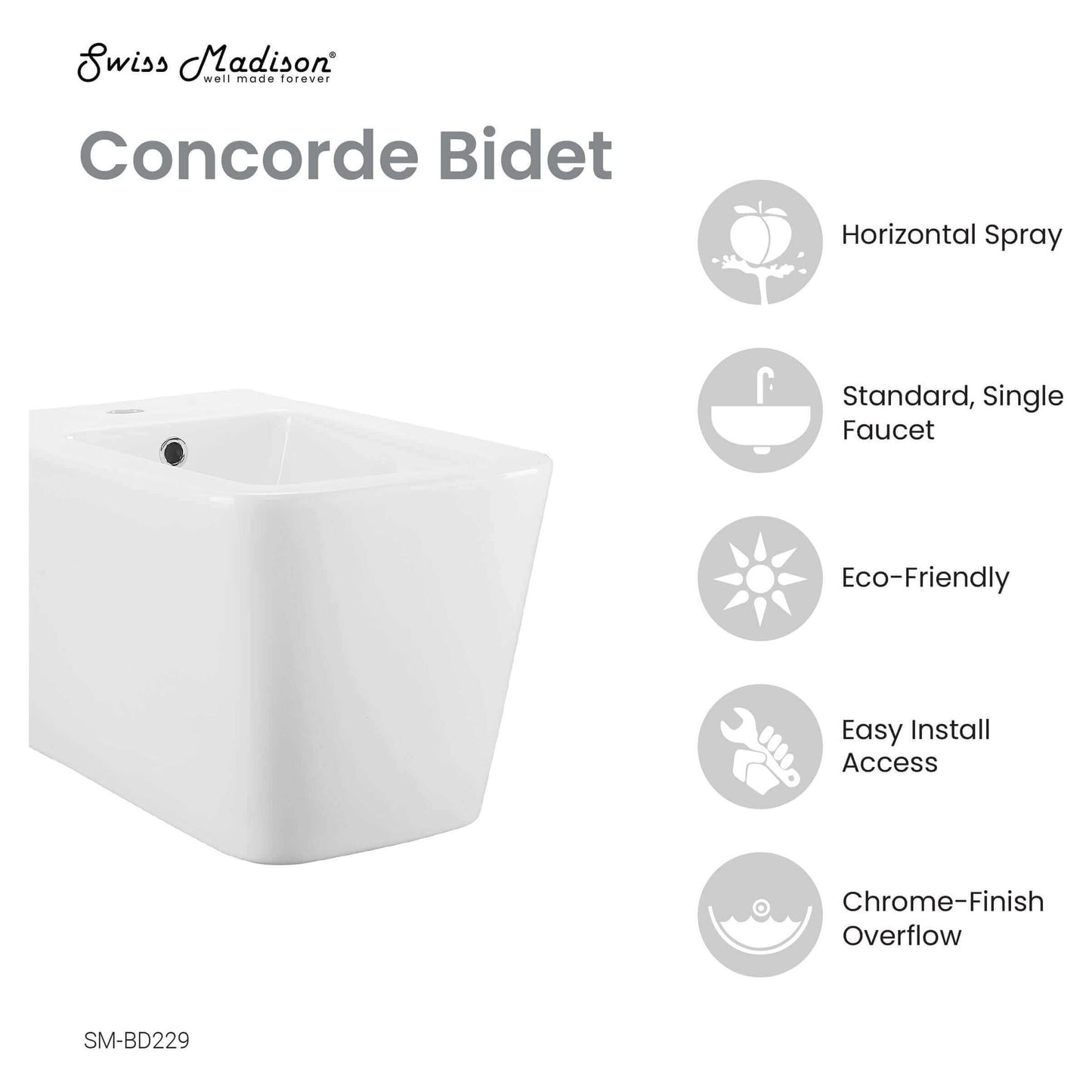 Concorde Wall Hung Bidet - side angled view with features listed