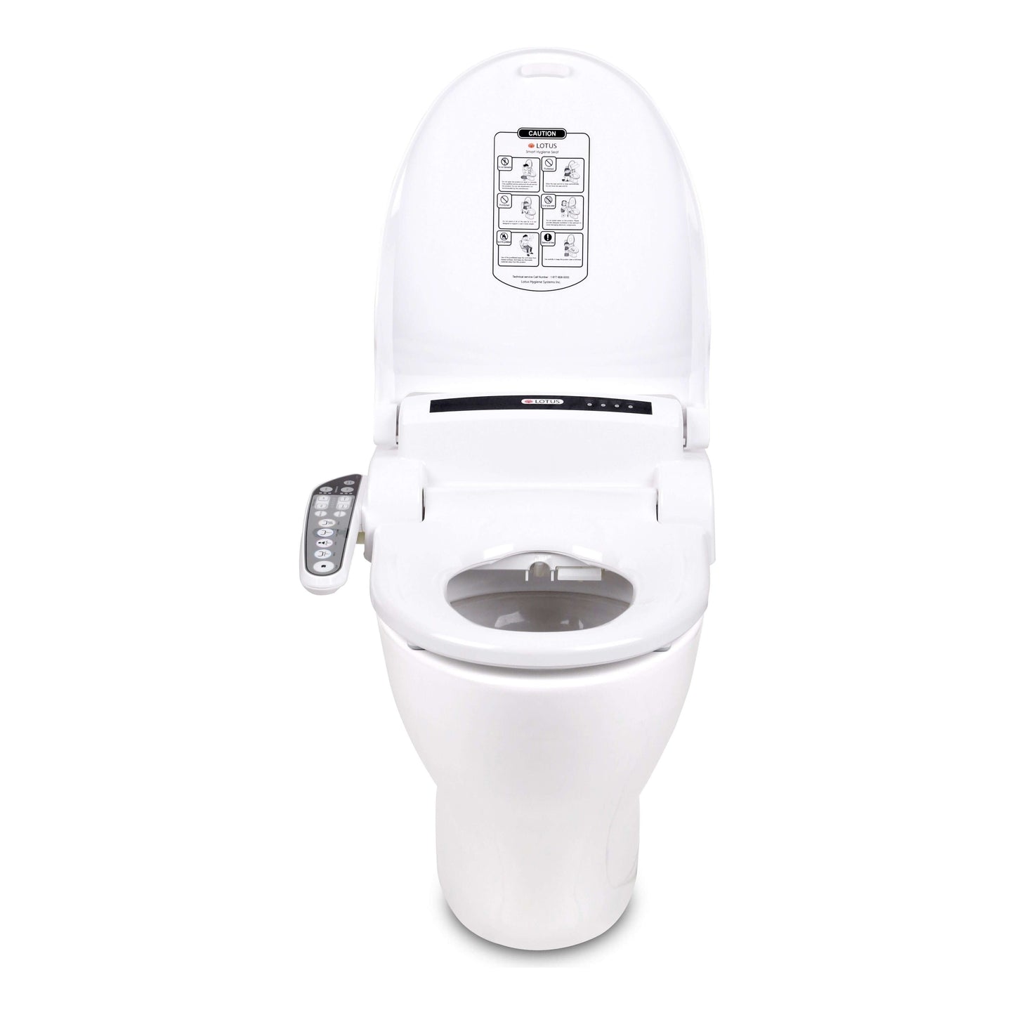 Lotus Bidet Seat ATS-909 - front view with lid open attached to a toillet