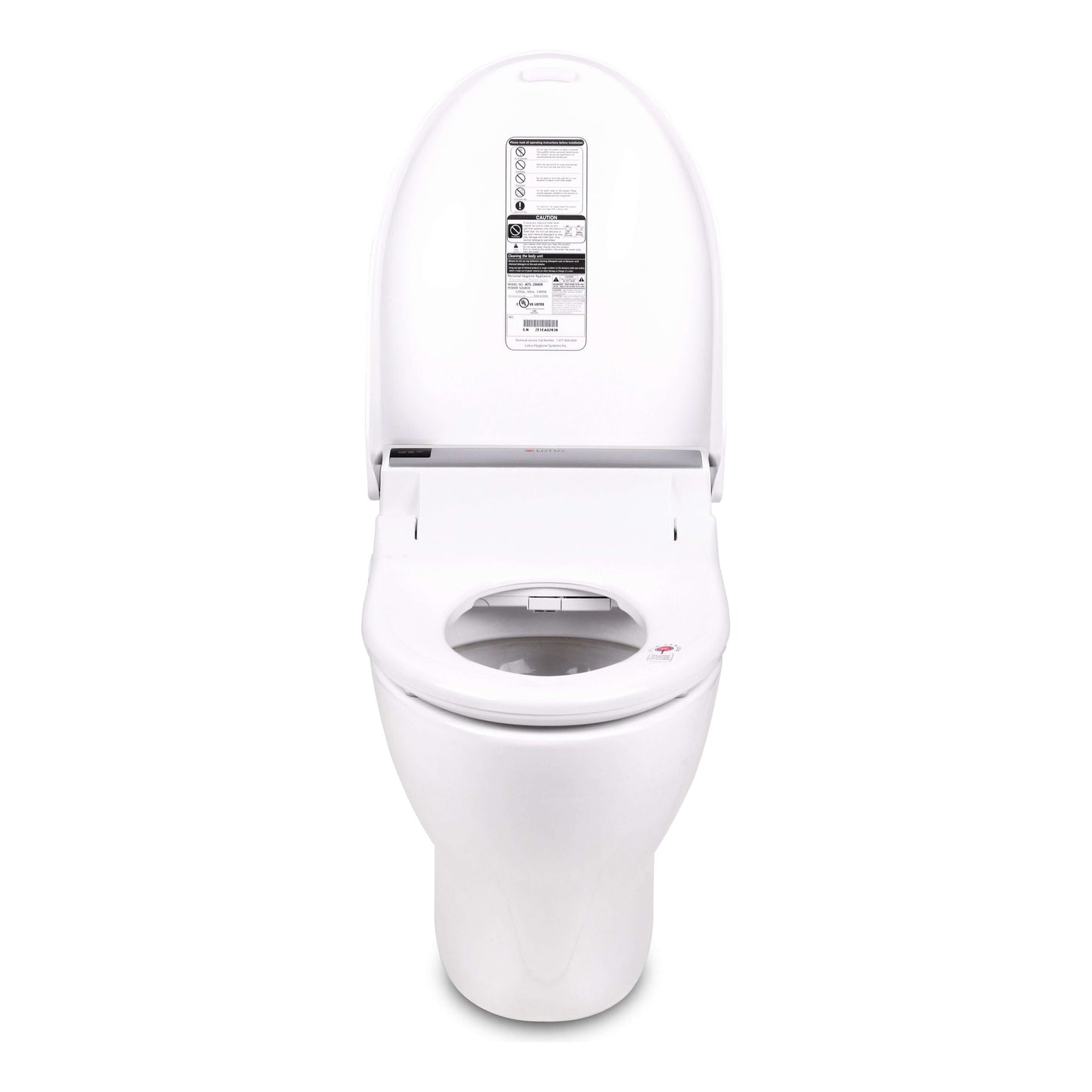 Lotus Bidet Seat ATS-2000 - front view with lid open attached to a toilet