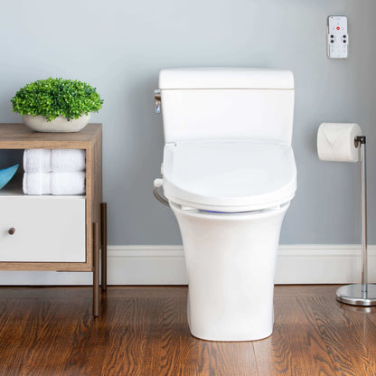 Swash Select BL97 Bidet Seat - front view attached to a toilet in a bathroom