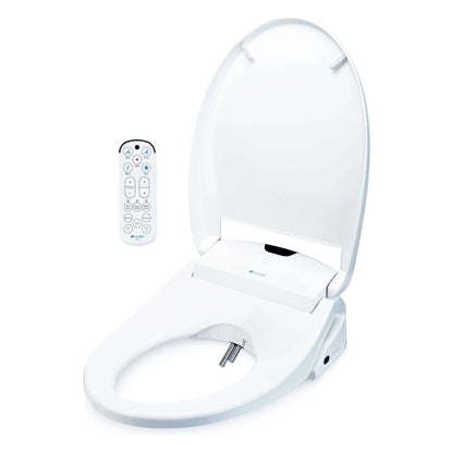 Swash 1400 Bidet Seat - side angled view with lid open and remote control