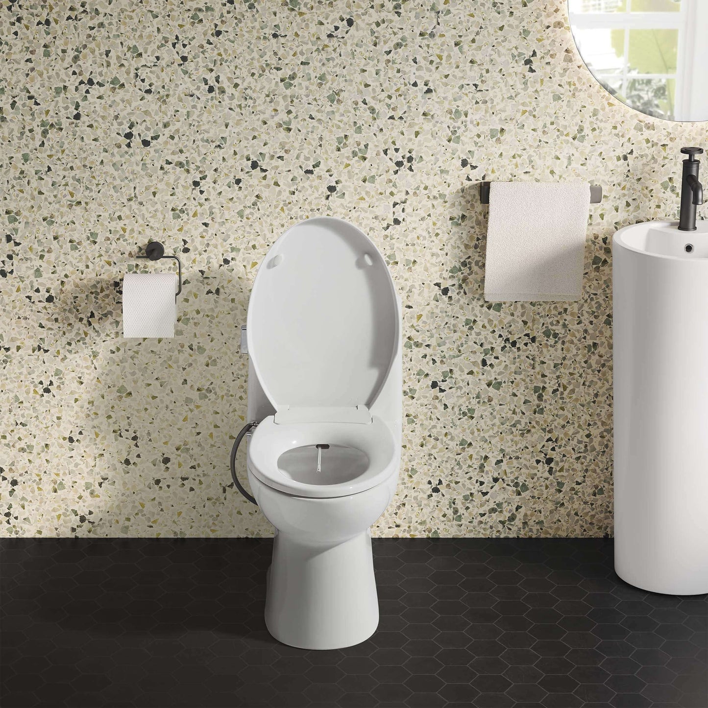 Aqua Non-Electric Smart Toilet Seat Bidet - front view attached to open toilet