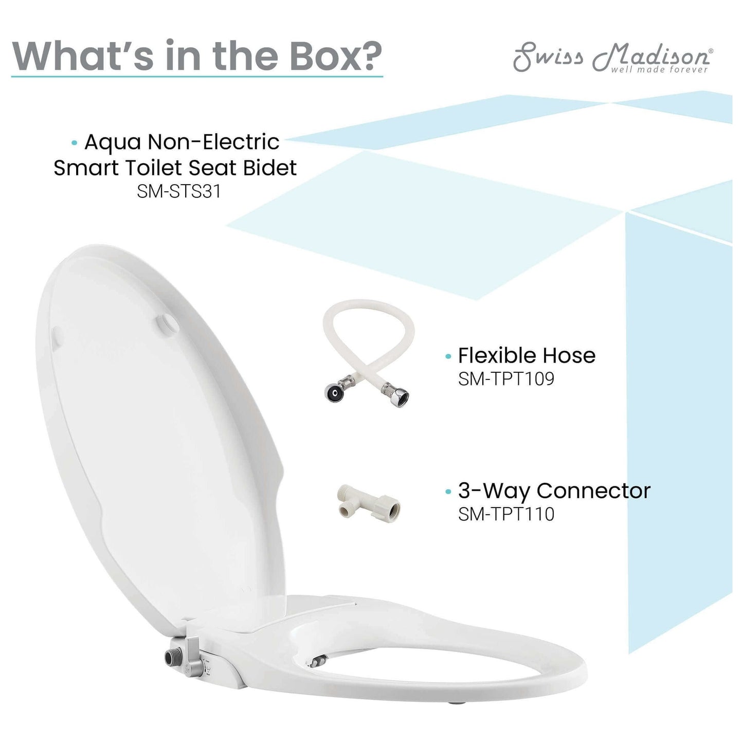 Aqua Non-Electric Smart Toilet Seat Bidet - angled view with list of what is in the box