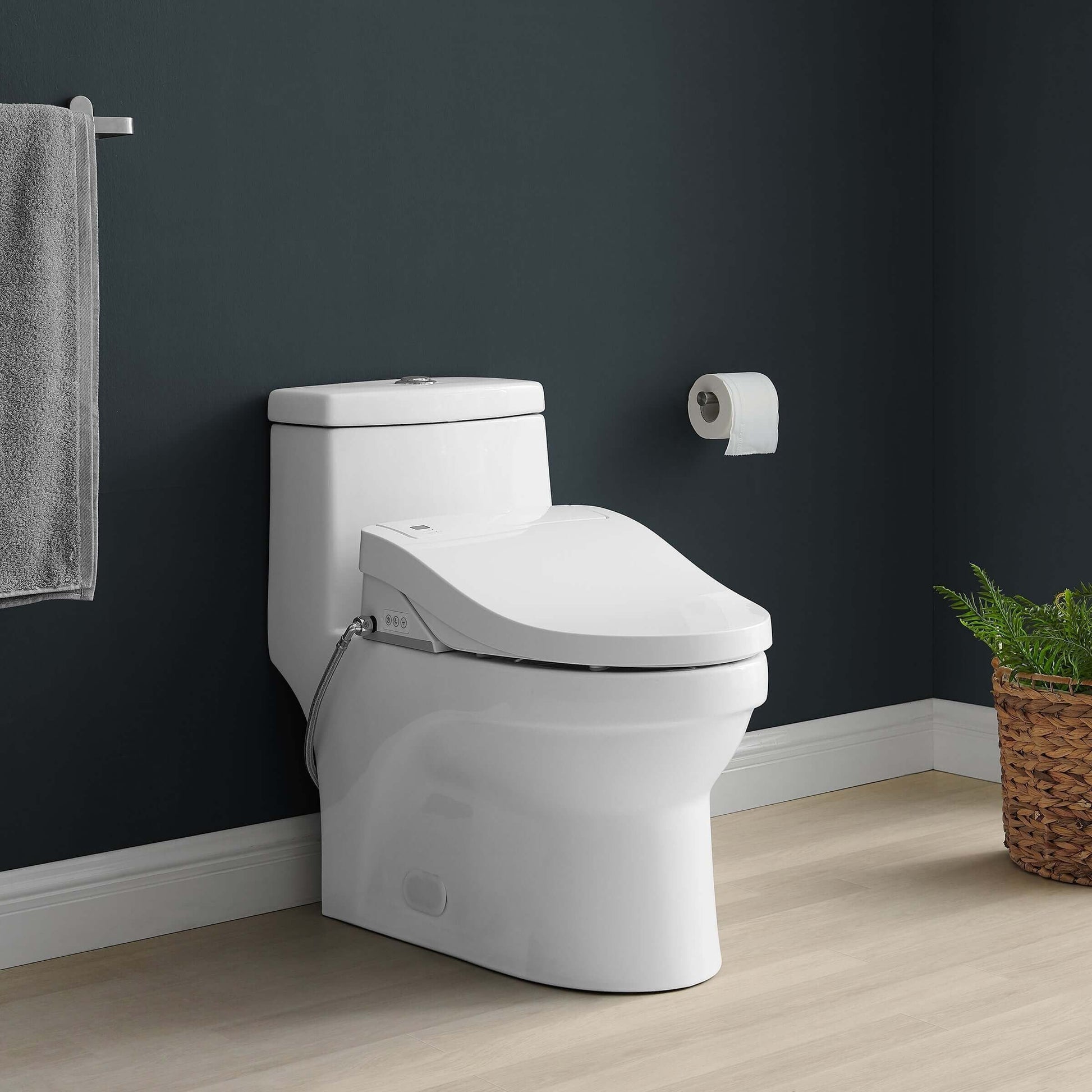 Vivante Smart Toilet Seat Bidet - side angled view attached to a toilet in a bathroom