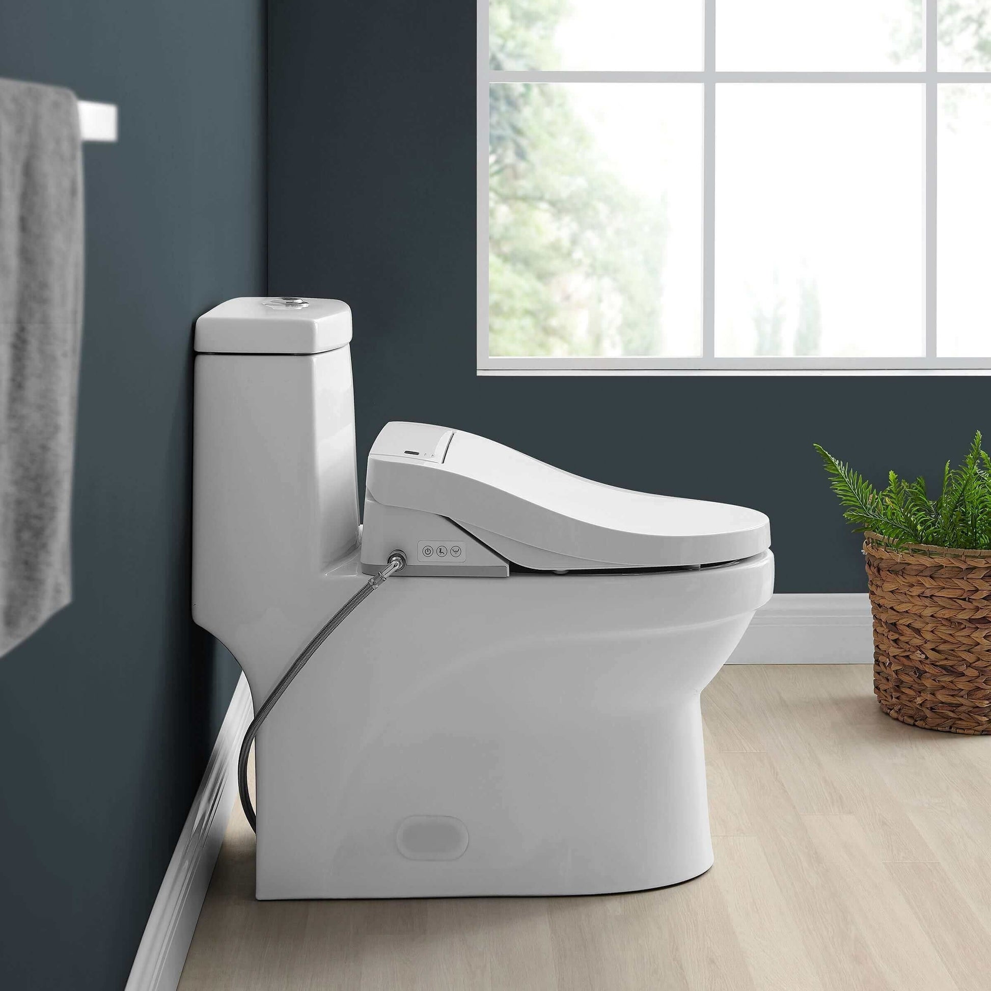 Vivante Smart Toilet Seat Bidet - side view attached to a toilet in a bathroom