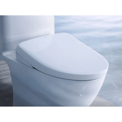 S7A Washlet+ Auto Classic Lid Bidet Seat - side angled view attached to a toilet in a bathroom