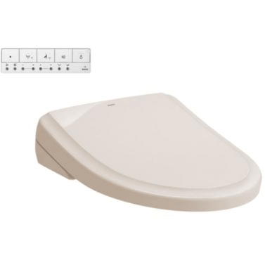 S7A Washlet+ Auto Classic Lid Bidet Seat - side angled view with remote control in sedona beige color