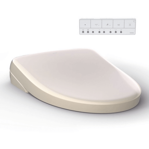 S7A Washlet+ Contemporary Lid Bidet Seat - side angled view with remote control in sedona beige color