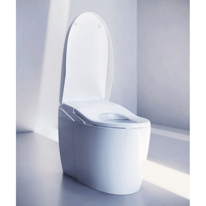 Neorest AS Integrated Smart Bidet Toilet - side angled view with lid open in a bathroom