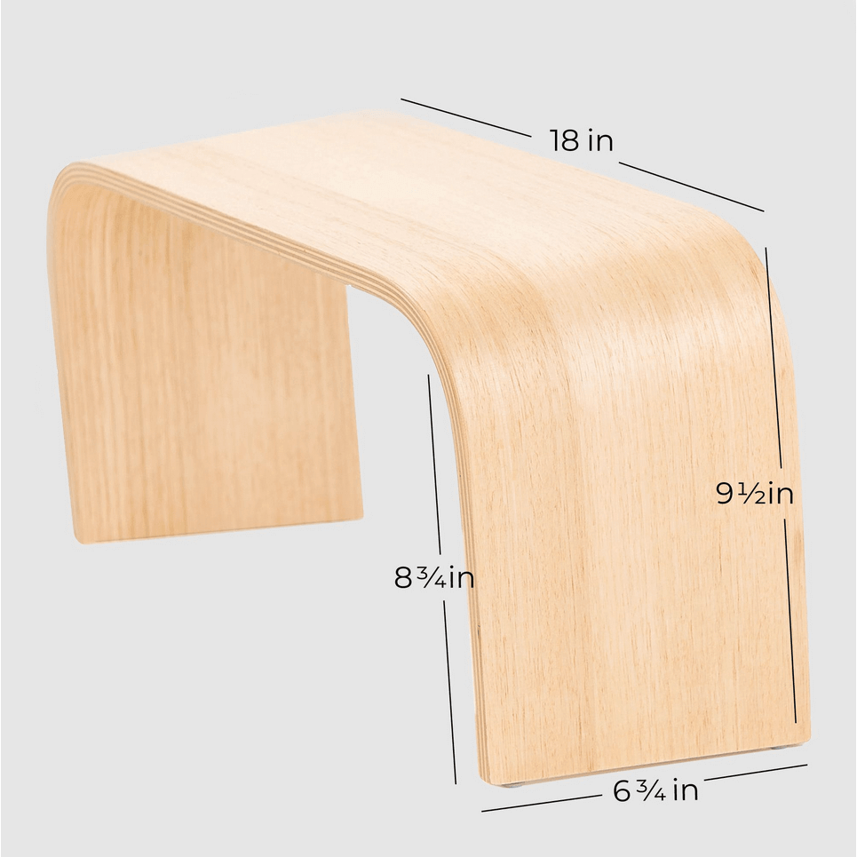 The PROPPR Timber - Tasmanian Oak Toilet Foot Stool - side angled view with dimensions listed
