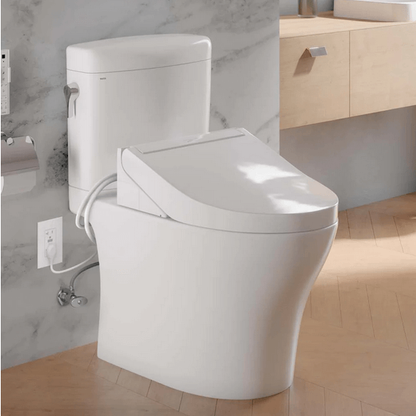 Washlet+ C5 Elongated Bidet Seat - side angled view attached to a toilet in a bathroom