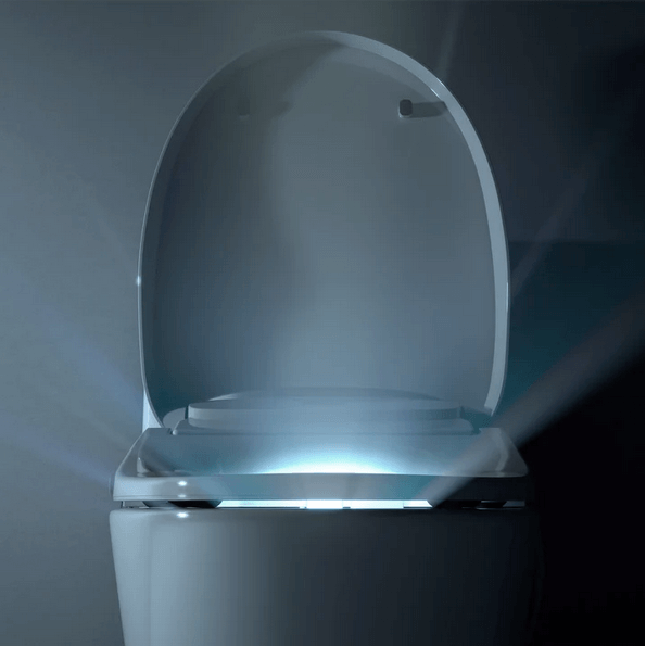 Discovery DLS Bidet Seat - front view of nightlight attached to a toilet with lid open