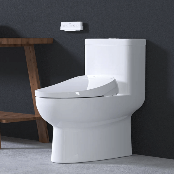 Discovery DLS Bidet Seat - side angled view attached to a toilet in a bathroom