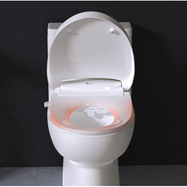 Discovery DLS Bidet Seat - front view attached to a toilet in a bathroom