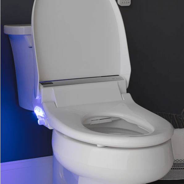 Bliss BB-2000 Bidet Seat - side view attached to a toilet with lid open