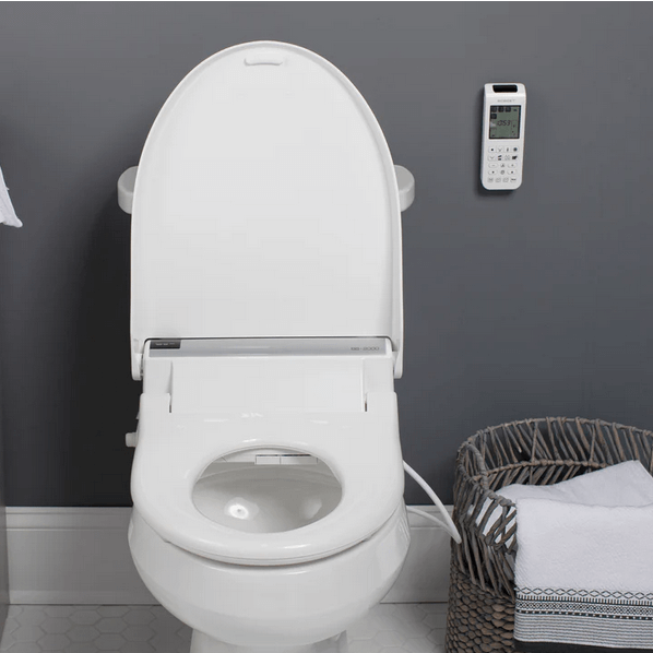Bliss BB-2000 Bidet Seat - front view attached to a toillet in a bathroom
