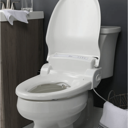 BB-1000 Supreme Bidet Seat - side angled view attached to a toilet in a bathroom with lid open