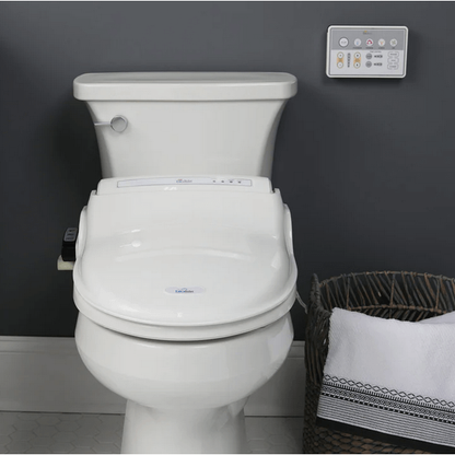 BB-1000 Supreme Bidet Seat - front view attached to a toilet in a bathroom