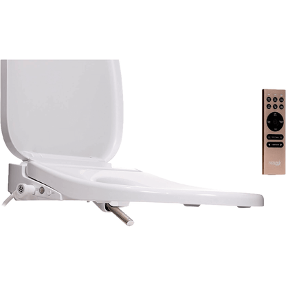 Eco Nova Bidet Seat - side view with lid open and remote control
