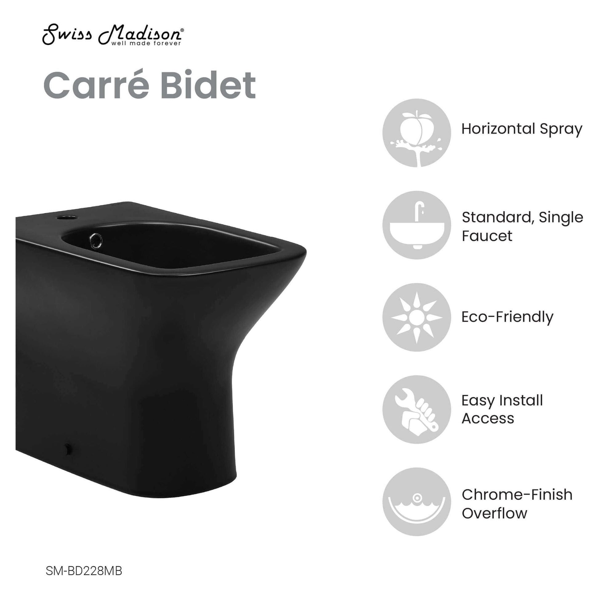 Carre Bidet - side angled view with features listed
