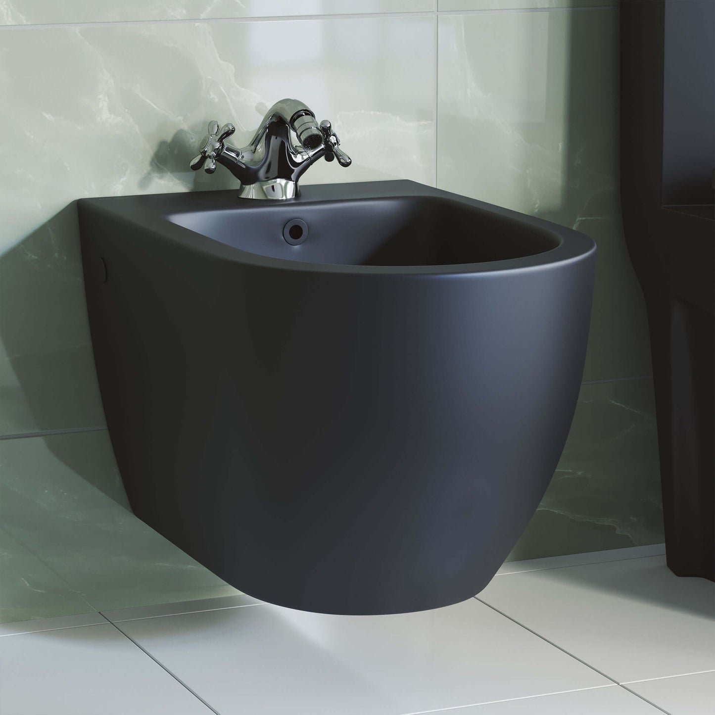 St. Tropez Wall Hung Bidet - side angled view in a bathroom in color black