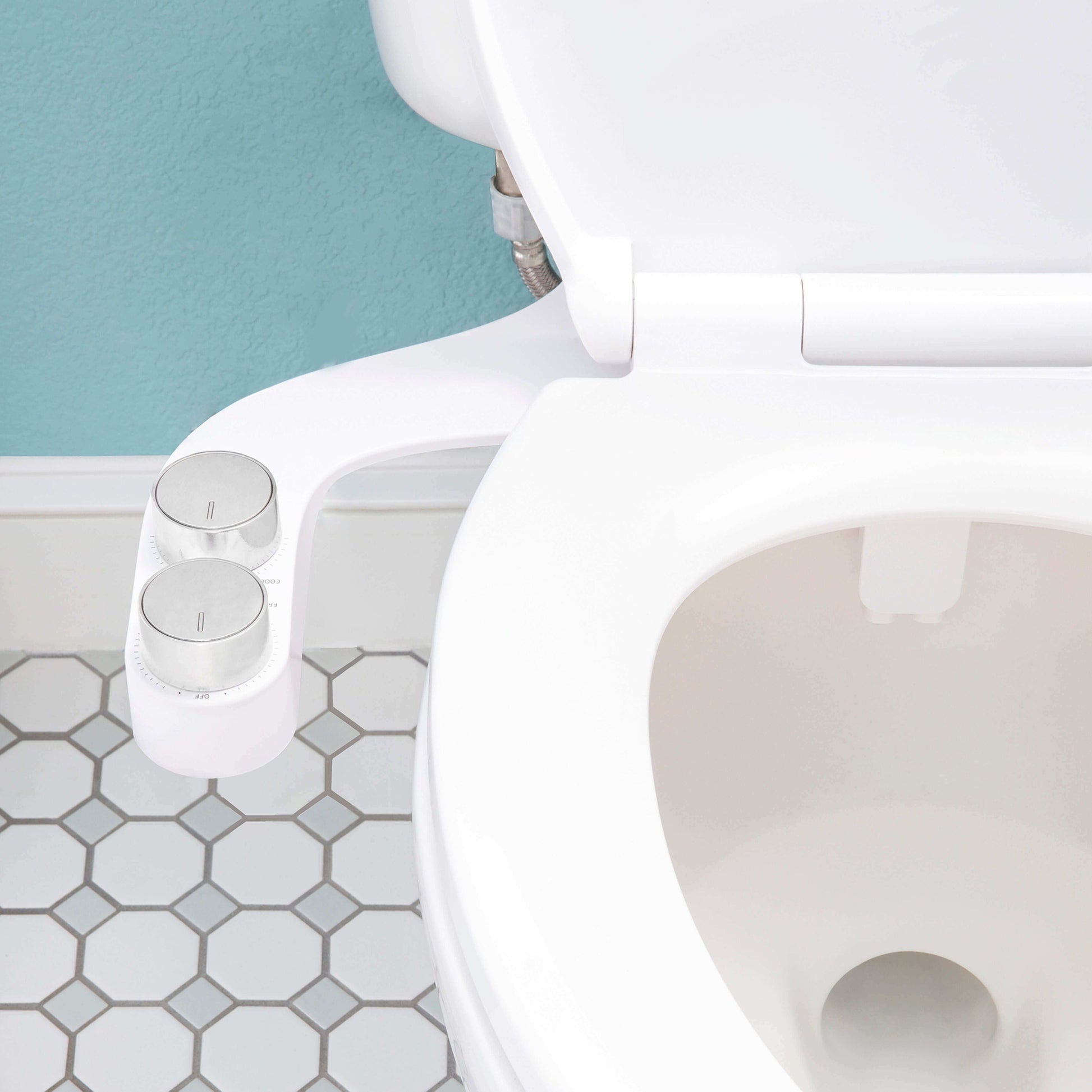 FreshSpa Comfort+ Bidet Attachment, Dual Temperature, Dual Nozzles - top view attached to toilet