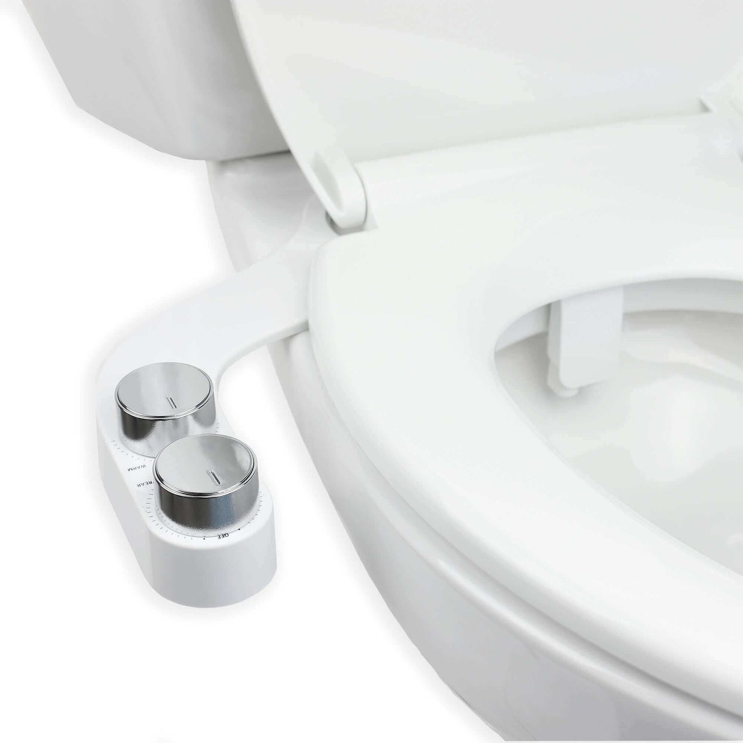 FreshSpa Comfort+ Bidet Attachment, Dual Temperature, Dual Nozzles - side angled view attached to toillet