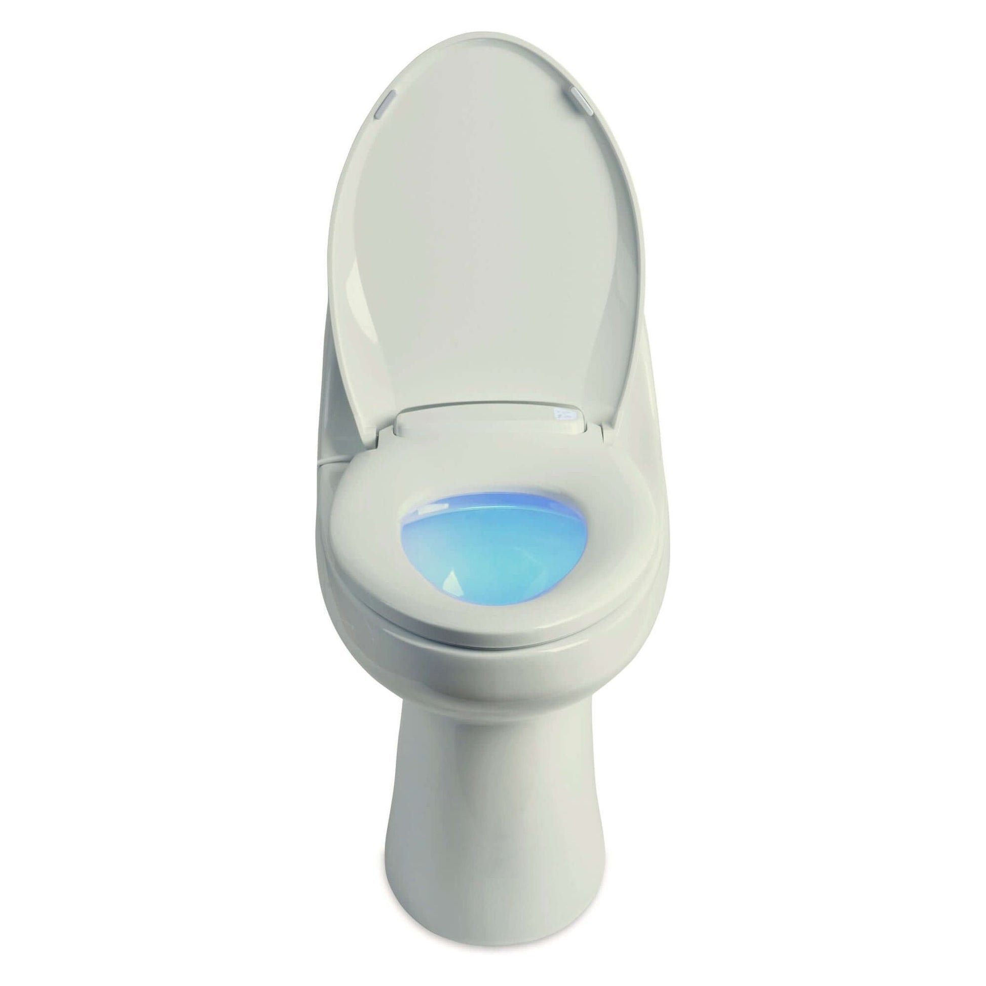 LumaWarm Heated Nightlight Toilet Seat - front view with lid open and nightlight on attached to a toilet 