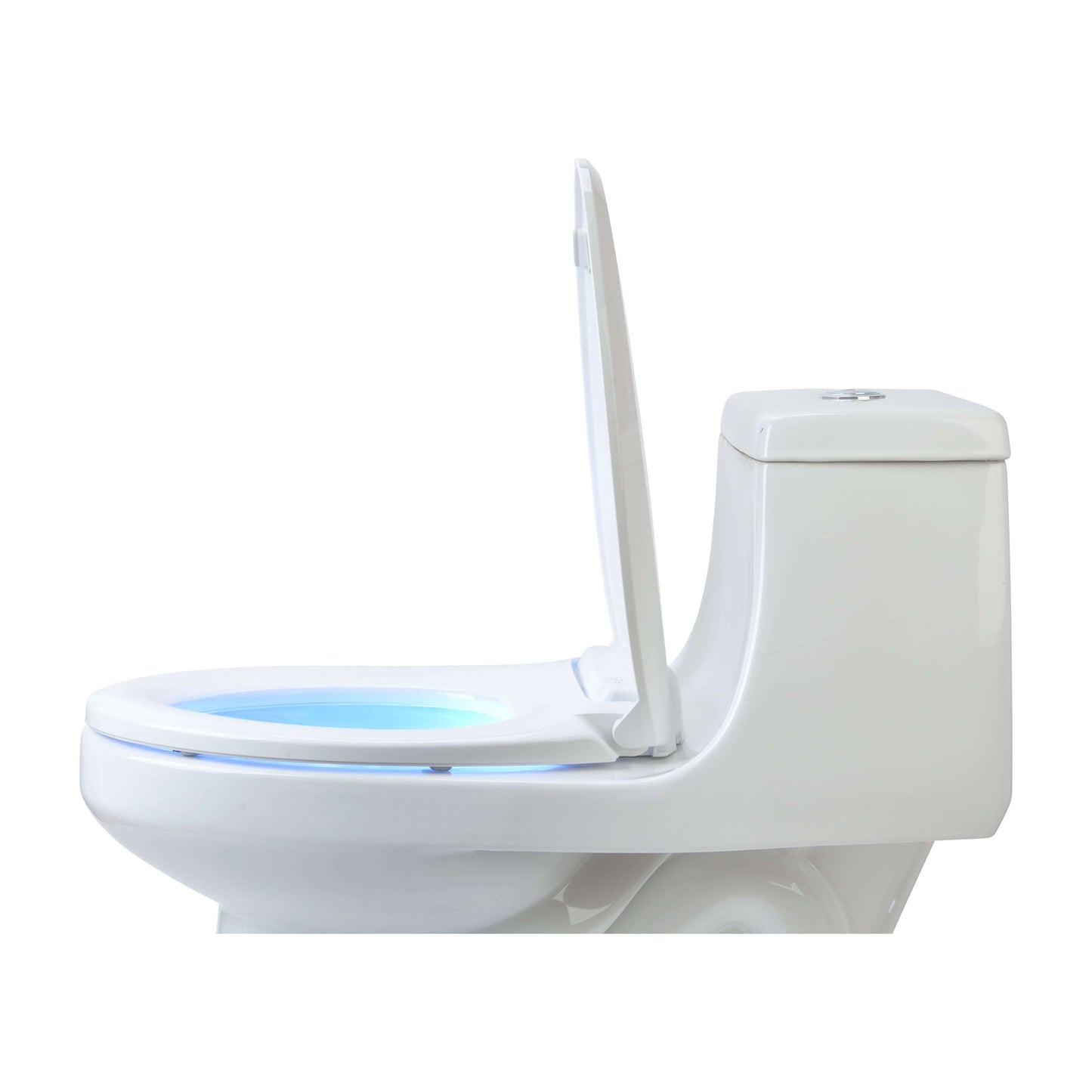 LumaWarm Heated Nightlight Toilet Seat - side view lid open attached to a toilet