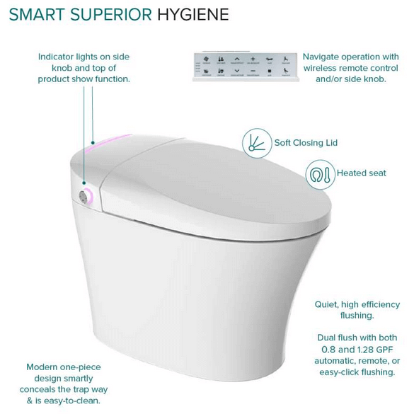 Ginger TL-77780-A Elongated Smart Bidet Toilet - side angled view with features listed
