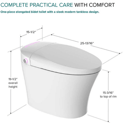 Ginger TL-77780-A Elongated Smart Bidet Toilet - side angled view with dimensions listed