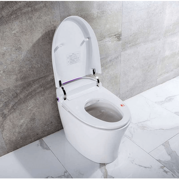 Ginger TL-77780-A Elongated Smart Bidet Toilet - top angled view with lid open in a bathroom