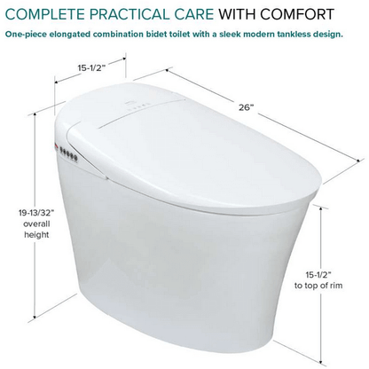 Rosemary TL-5401-A Elongated Smart Toilet Bidet - side angled view with dimensions listed
