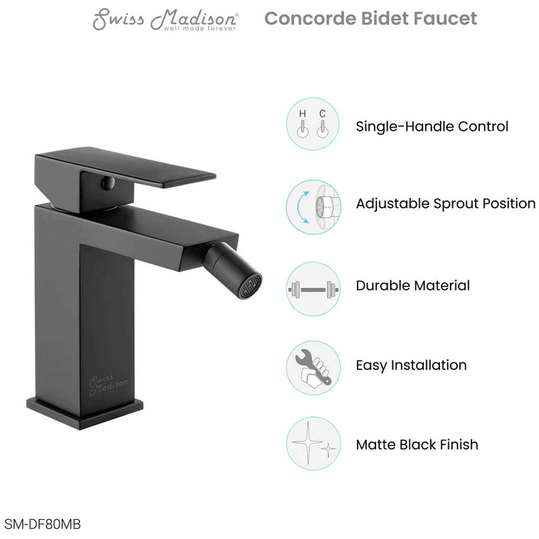 Concorde Bidet Faucet - top angled view in color black with features listed