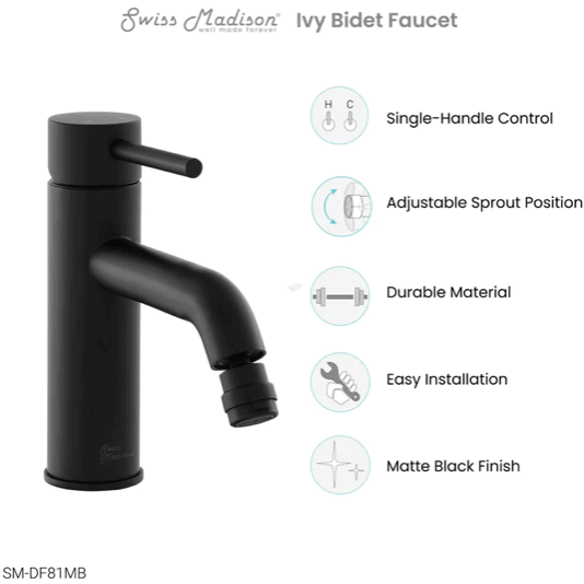 Ivy Bidet Faucet - side angled view in color black with features listed