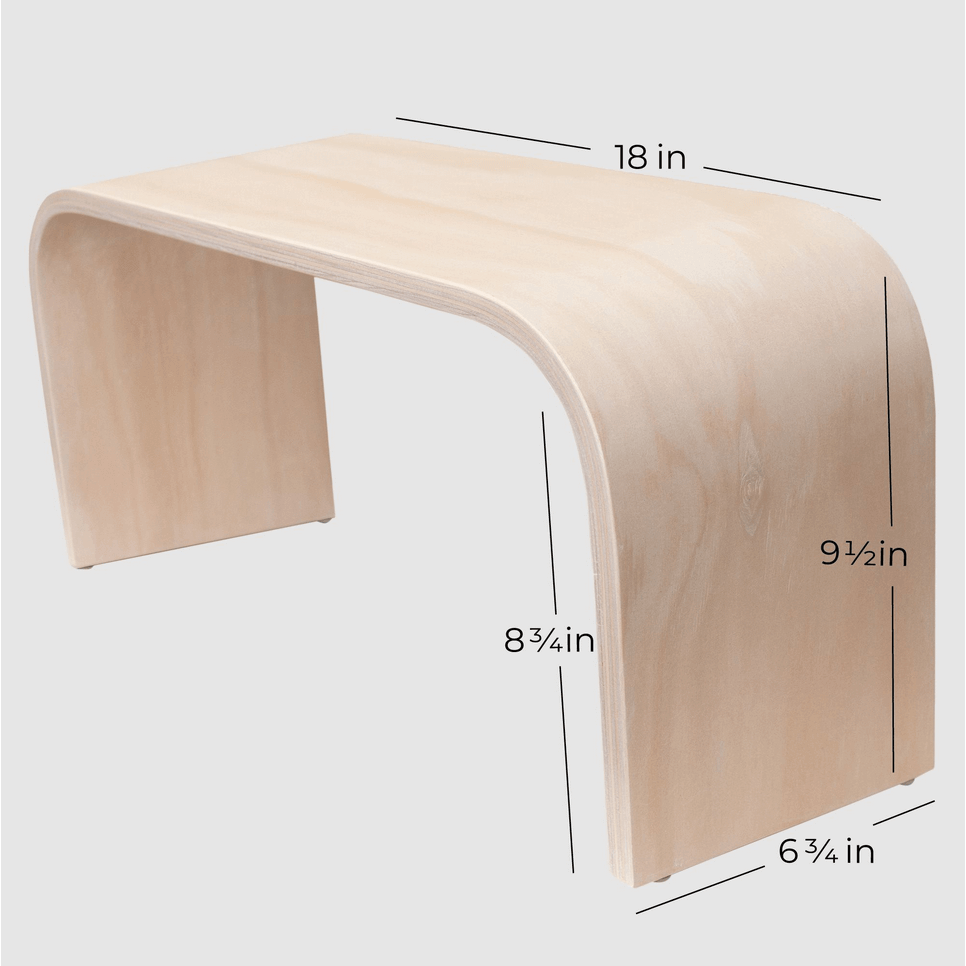The PROPPR Timber - Whitewash Toilet Foot Stool - side angled view with dimensions listed