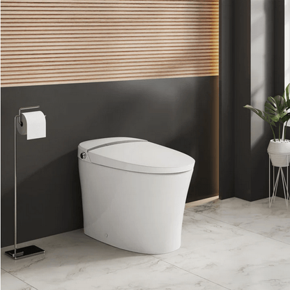 Avancer Smart Tankless Elongated Toilet and Bidet, Touchless Vortex Dual-Flush 1.1/1.6 gpf - side angled view in a bathroom