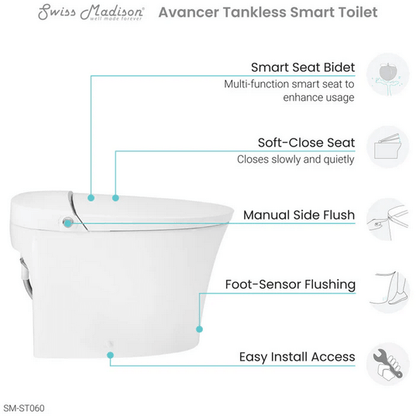 Avancer Smart Tankless Elongated Toilet and Bidet, Touchless Vortex Dual-Flush 1.1/1.6 gpf - side view with features listed
