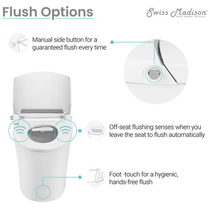 Avancer Smart Tankless Elongated Toilet and Bidet, Touchless Vortex Dual-Flush 1.1/1.6 gpf - front view with features listed