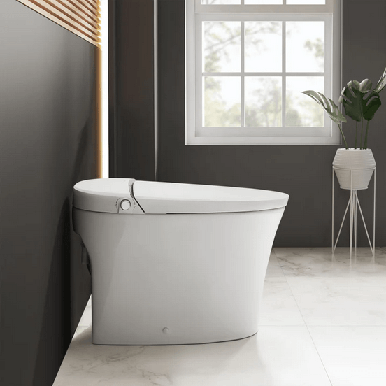 Avancer Smart Tankless Elongated Toilet and Bidet, Touchless Vortex Dual-Flush 1.1/1.6 gpf - side view in a bathroom