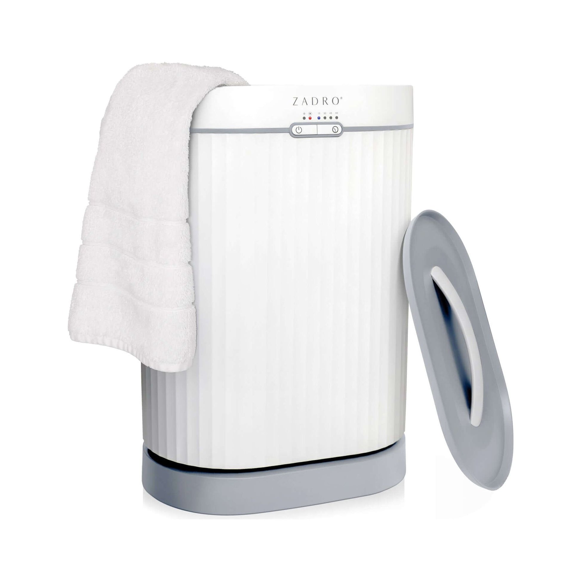 Oval Fluted Towel Warmer w/Diffuser - side angled view wth towel hanging down